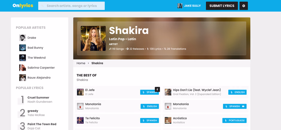 Captura del proyecto Onlyrics.co